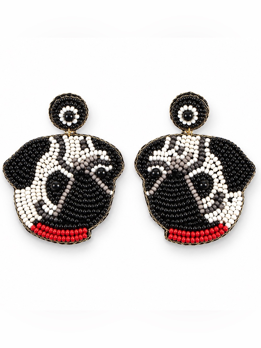 Viola Black & White Pug Dog Red Collar Seed Bead Beaded 2" Earrings Lightweight